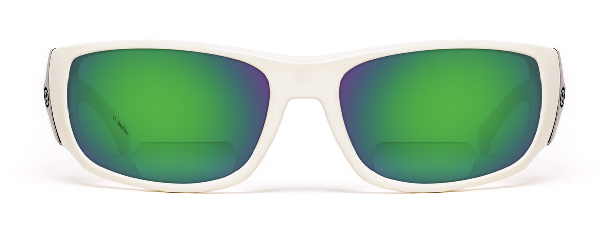 White sunglasses with green lenses on a white background