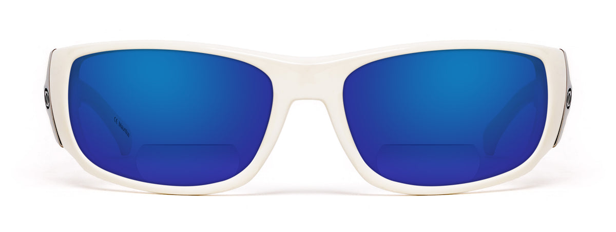 White fishing sunglasses with blue lenses on a white background