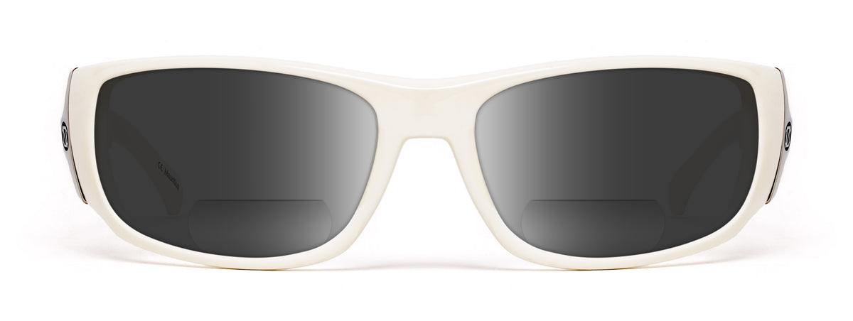White fishing sunglasses with gray polarized lenses 