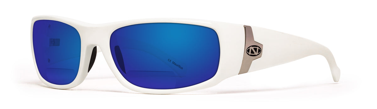 White fishing sunglasses with blue lenses on a white background