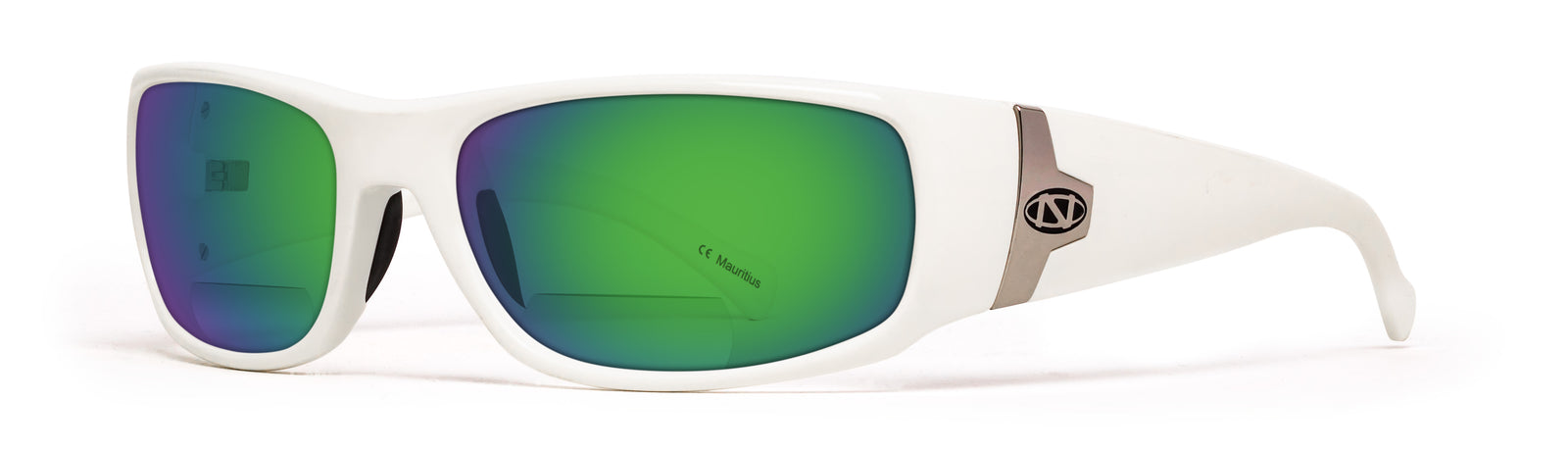 White sunglasses with green lenses on a white background