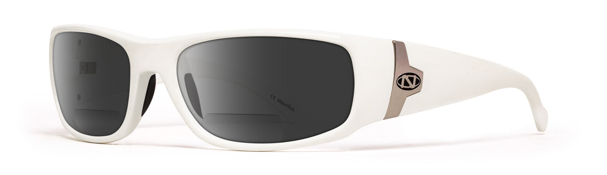 White fishing sunglasses with gray polarized lenses 